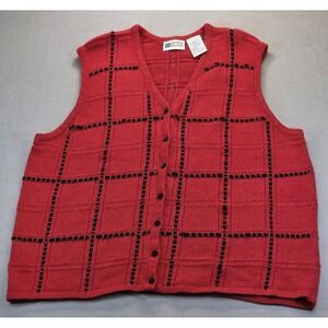 Vintage Knit Sweater Vest 2X Red Grid Button Front Russ Signature